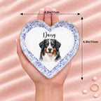 Hand holding a personalized floral pet portrait heart ring dish, 4.3 inches across