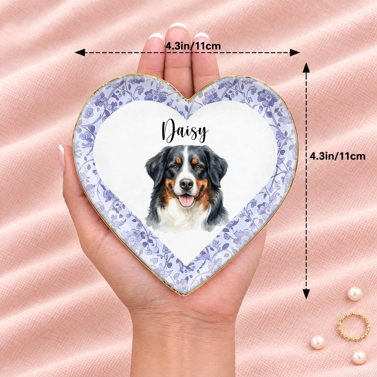Hand holding a personalized floral pet portrait heart ring dish, 4.3 inches across