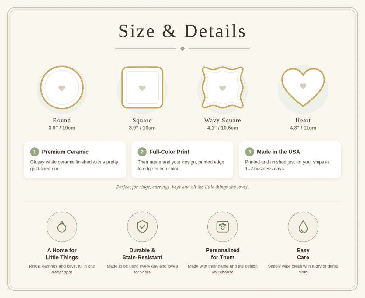 Ring dish size guide: round and square 3.9 in, wavy square 4.1 in, heart 4.3 in