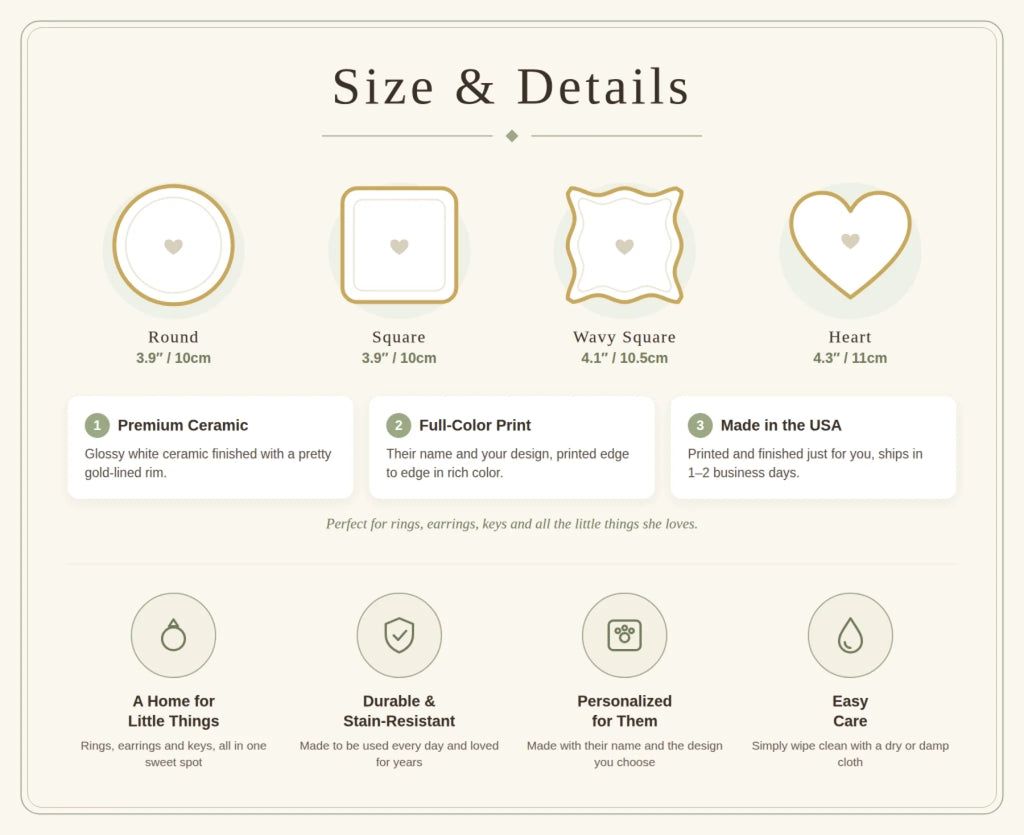 Ring dish size guide: round and square 3.9 in, wavy square 4.1 in, heart 4.3 in