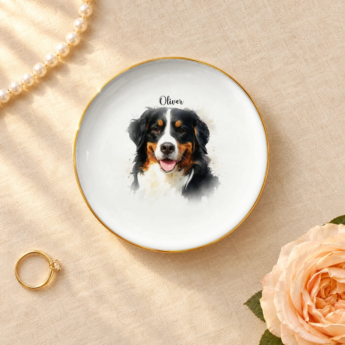 Watercolor splash pet portrait with name on a round ceramic ring dish with gold rim