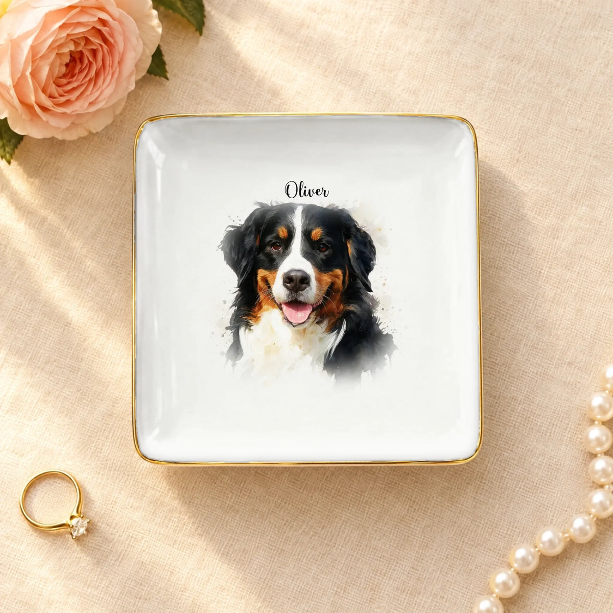 Watercolor splash pet portrait with name on a square ceramic ring dish with gold rim
