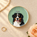 Pet portrait with name on a green striped round ceramic ring dish with gold rim
