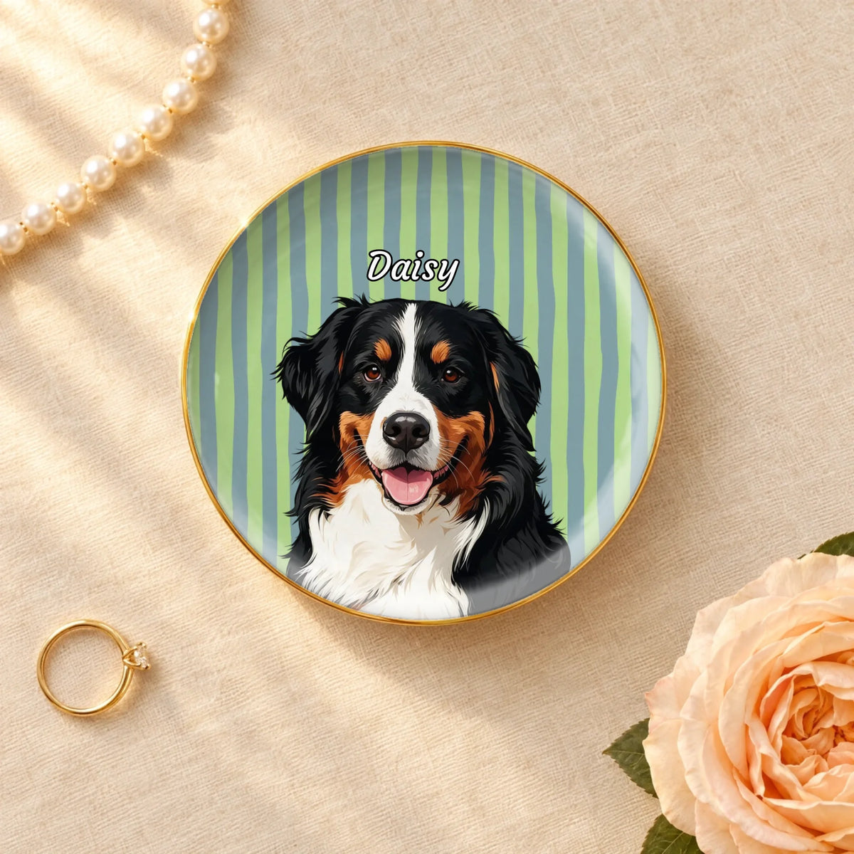 Pet portrait with name on a green striped round ceramic ring dish with gold rim