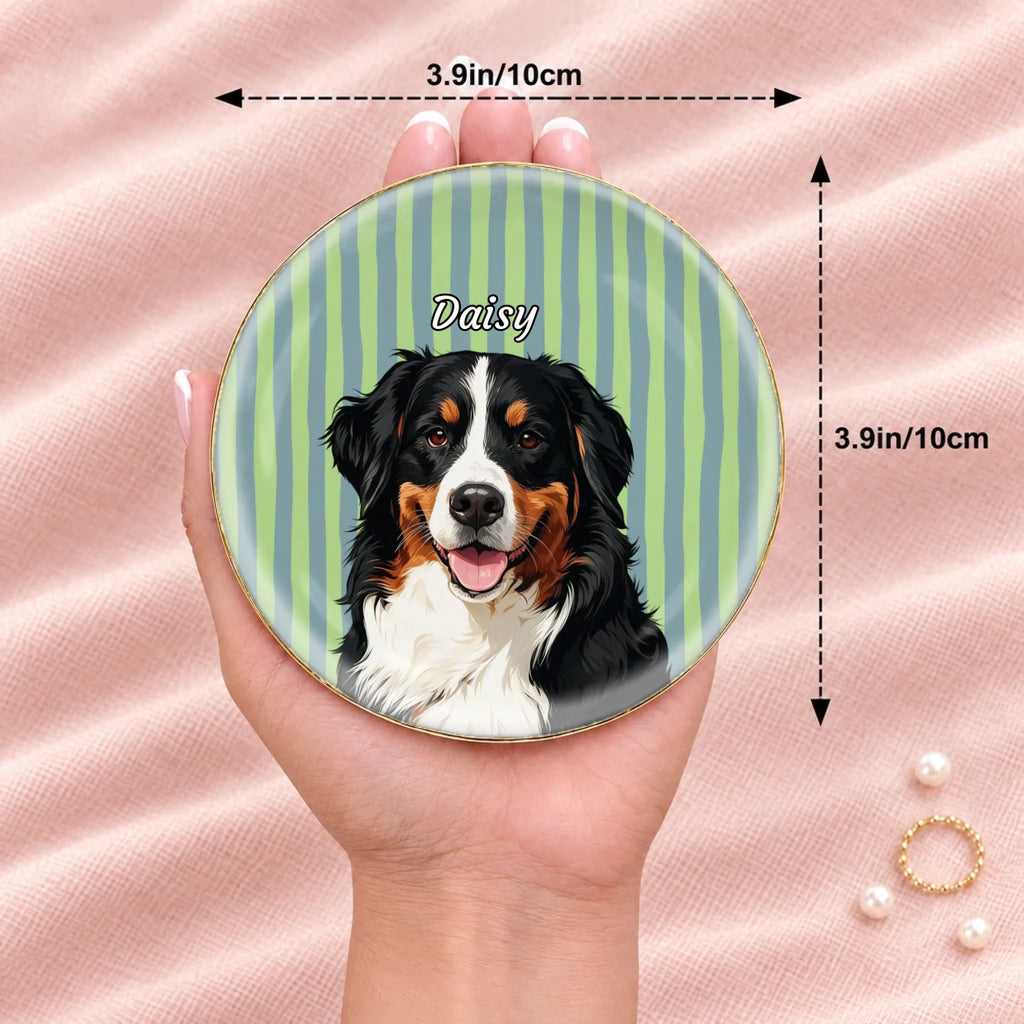 Round striped pet portrait ring dish resting on an open hand, 3.9 inches across