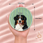 Round striped pet portrait ring dish resting on an open hand, 3.9 inches across