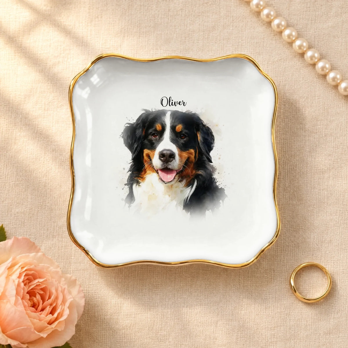 Watercolor splash pet portrait with name on a wavy square ceramic ring dish with gold rim