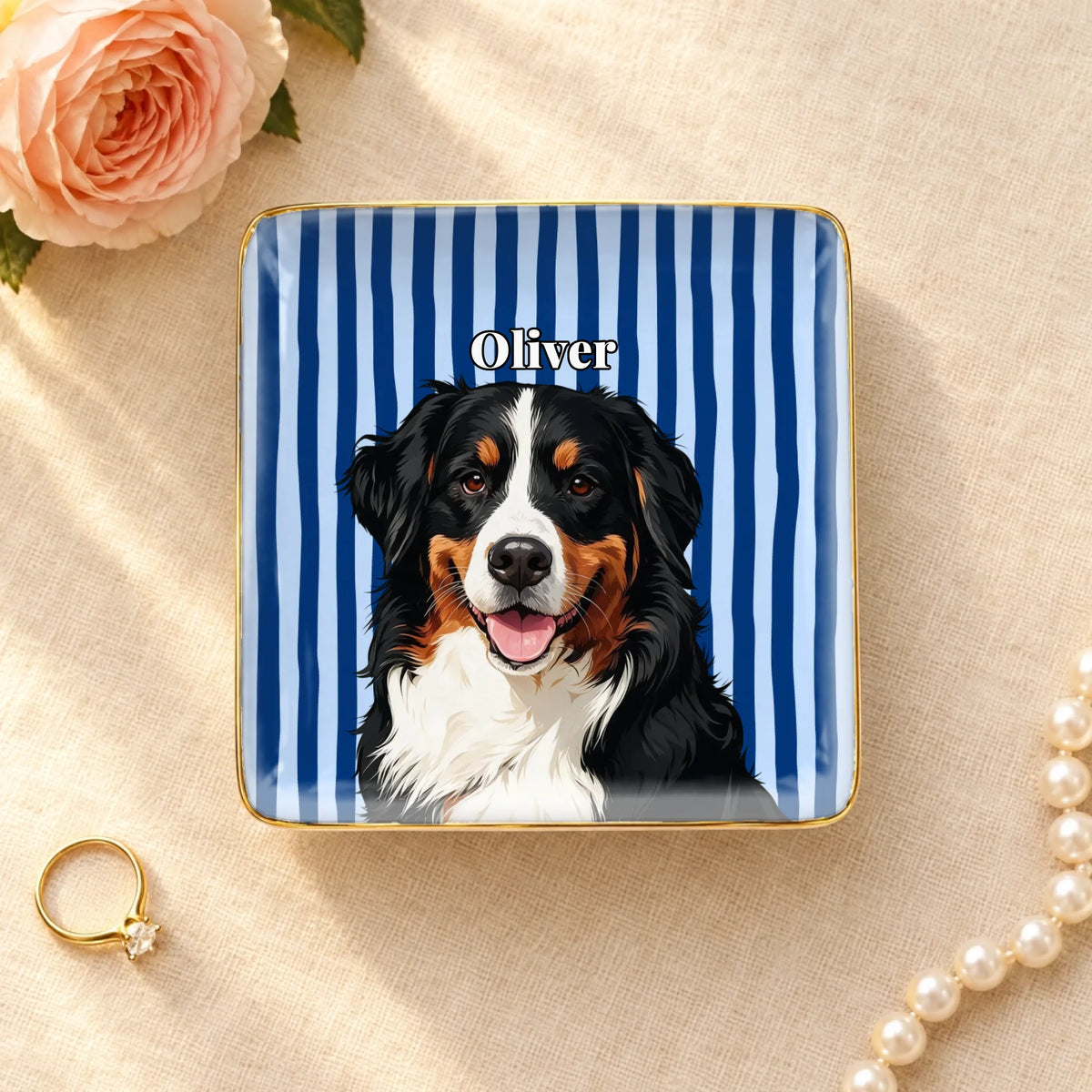 Pet portrait with name on a blue striped square ceramic ring dish with gold rim