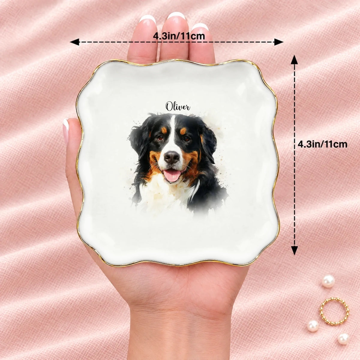 Wavy square watercolor splash pet portrait ring dish resting on an open hand, 4.1 inches across