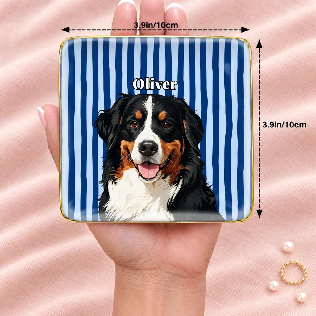 Square striped pet portrait ring dish resting on an open hand, 3.9 inches across