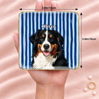 Square striped pet portrait ring dish resting on an open hand, 3.9 inches across