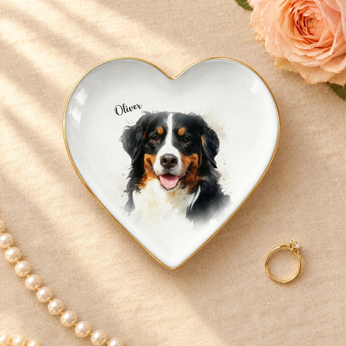 Watercolor splash pet portrait with name on a heart ceramic ring dish with gold rim