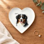 Heart watercolor splash pet portrait ring dish on a wooden table with linen and eucalyptus