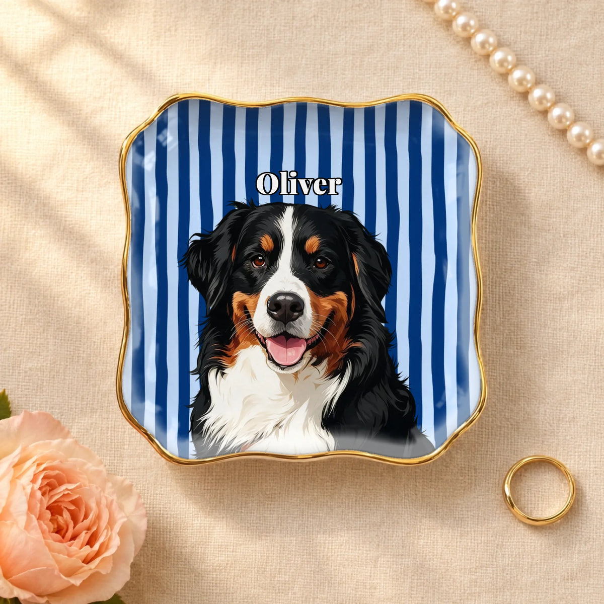 Pet portrait with name on a blue striped wavy square ceramic ring dish with gold rim