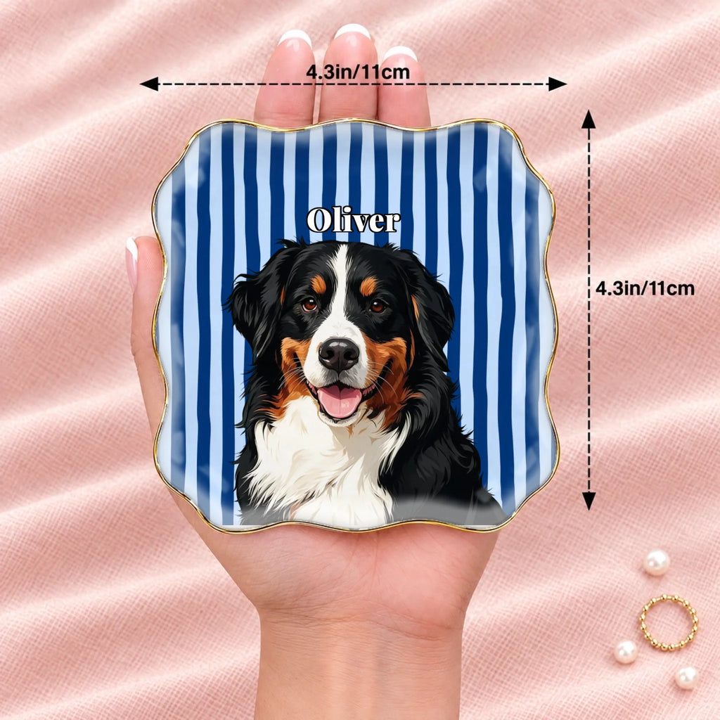 Wavy square striped pet portrait ring dish resting on an open hand, 4.1 inches across