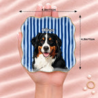Wavy square striped pet portrait ring dish resting on an open hand, 4.1 inches across