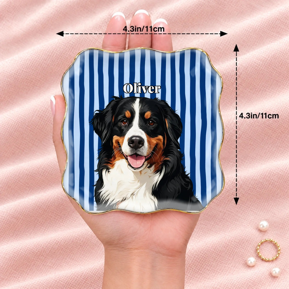 Wavy square striped pet portrait ring dish resting on an open hand, 4.1 inches across