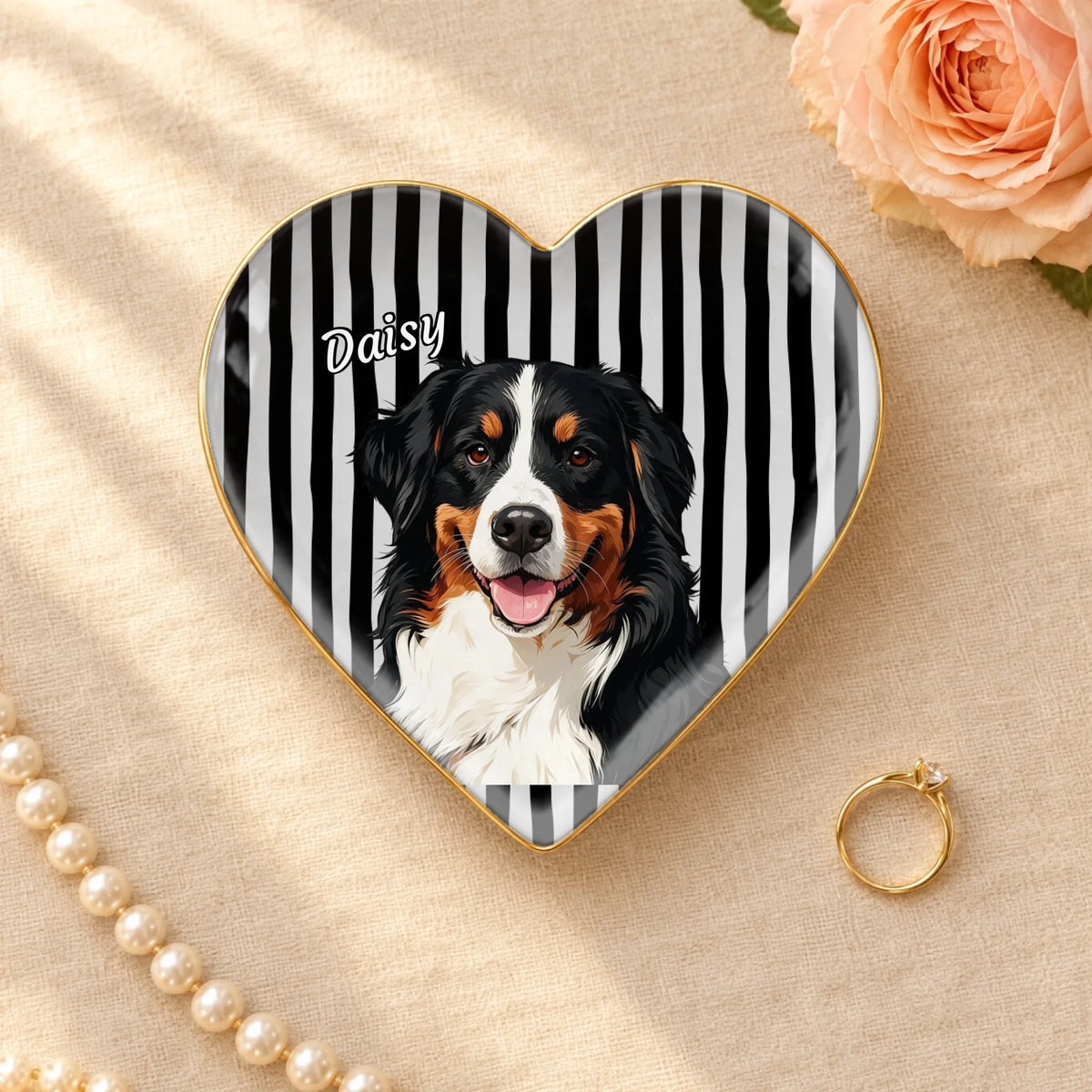 Pet portrait with name on a black and white striped heart ceramic ring dish with gold rim