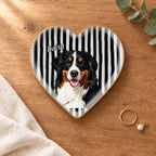 Heart striped pet portrait ring dish on a wooden table with linen and eucalyptus