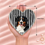 Heart striped pet portrait ring dish resting on an open hand, 4.3 inches across