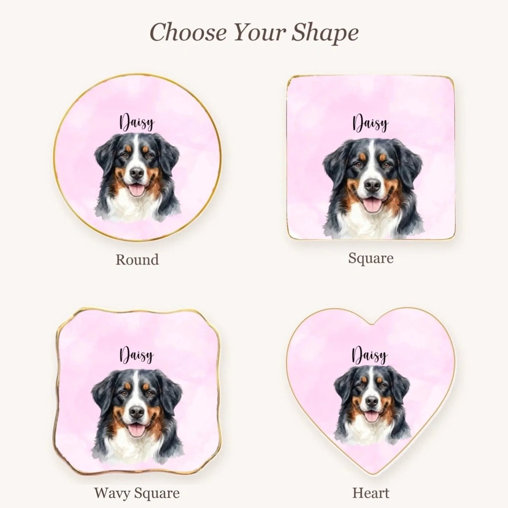 Personalized pet portrait ring dish available in round, square, wavy square and heart shapes