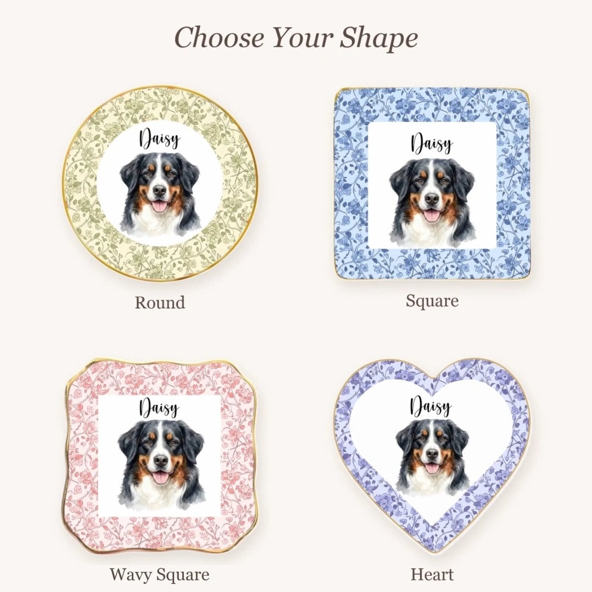 Floral pet portrait ring dish available in round, square, wavy square and heart shapes