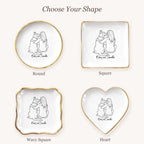 Line drawing person and dog ring dish available in round, square, wavy square and heart shapes