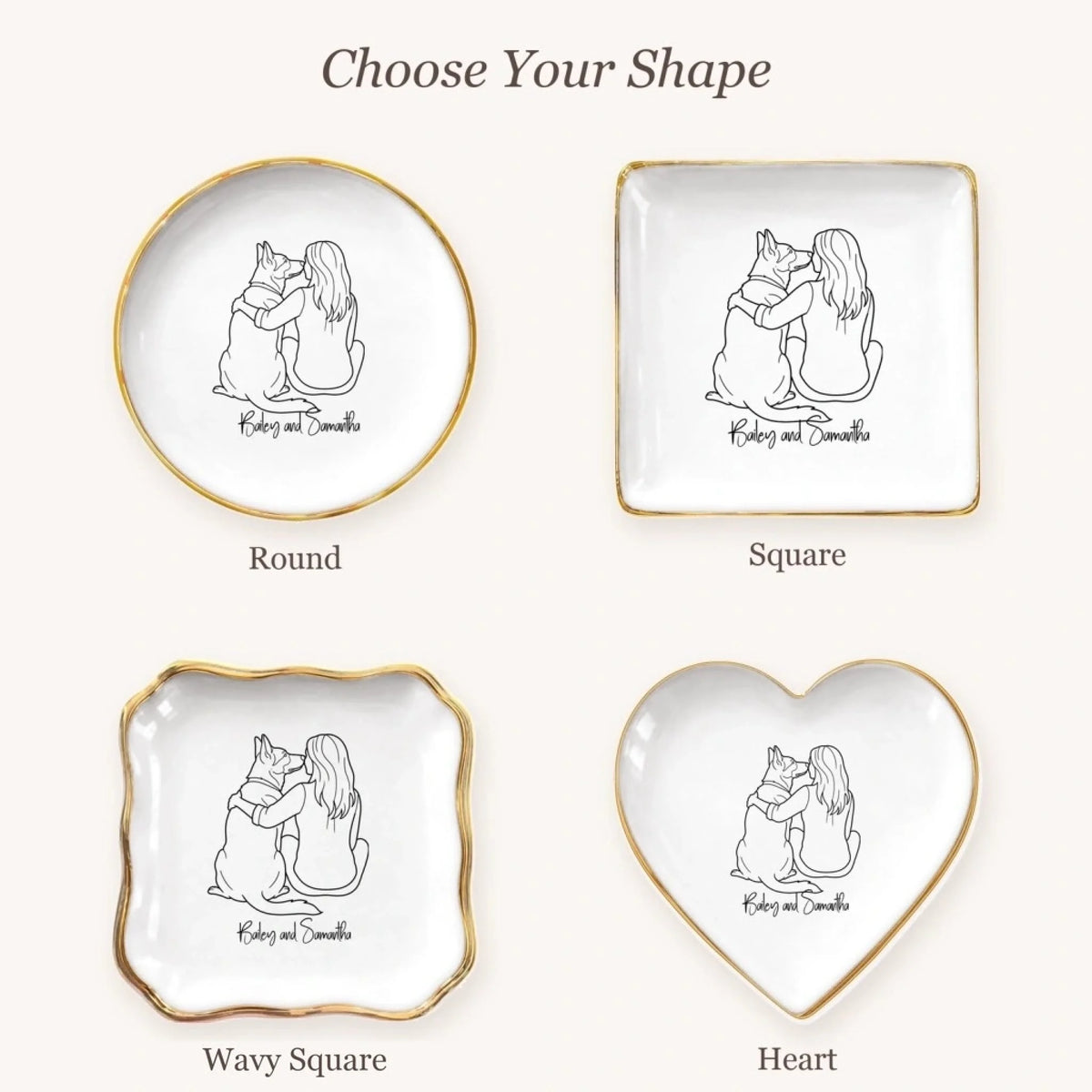 Line drawing person and dog ring dish available in round, square, wavy square and heart shapes