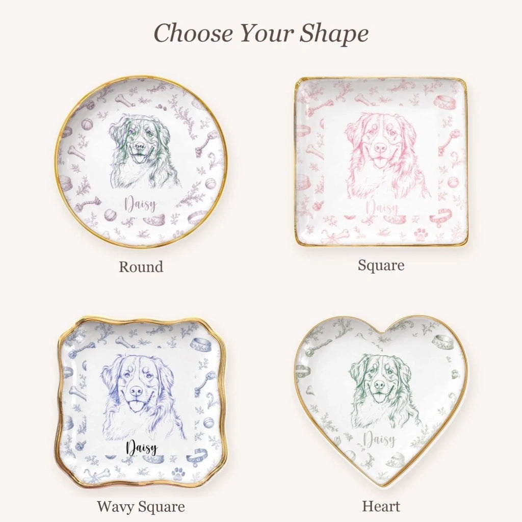 Vintage sketch pet portrait ring dish available in round, square, wavy square and heart shapes