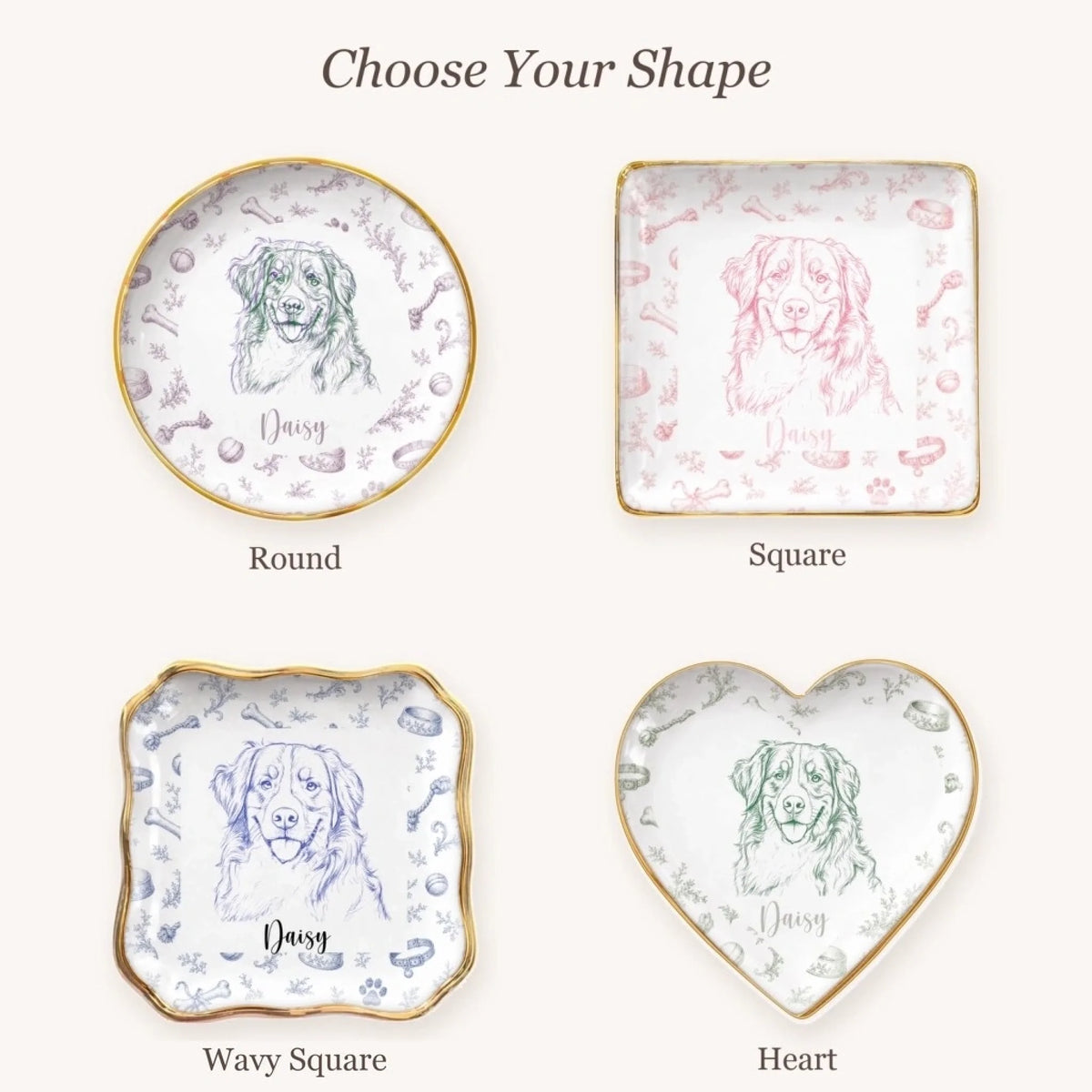 Vintage sketch pet portrait ring dish available in round, square, wavy square and heart shapes
