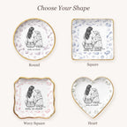 Vintage sketch person and pet ring dish available in round, square, wavy square and heart shapes