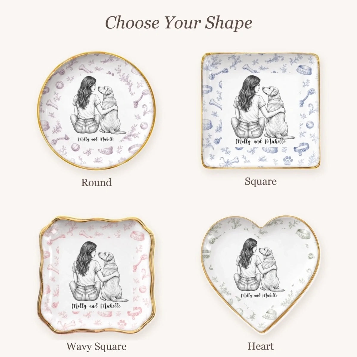 Vintage sketch person and pet ring dish available in round, square, wavy square and heart shapes