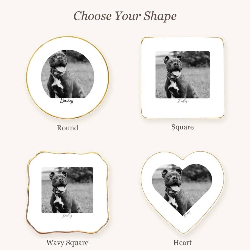 Black and white pet photo ring dish available in round, square, wavy square and heart shapes