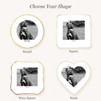 Black and white pet photo ring dish available in round, square, wavy square and heart shapes