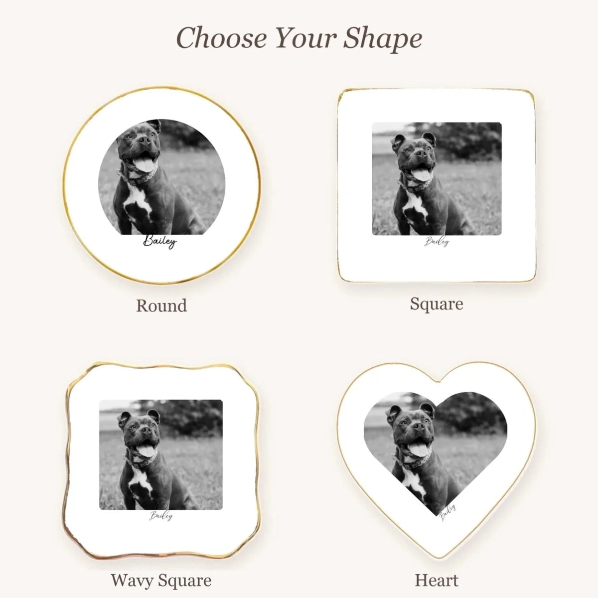 Black and white pet photo ring dish available in round, square, wavy square and heart shapes