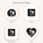 Black and white studio portrait ring dish available in round, square, wavy square and heart shapes