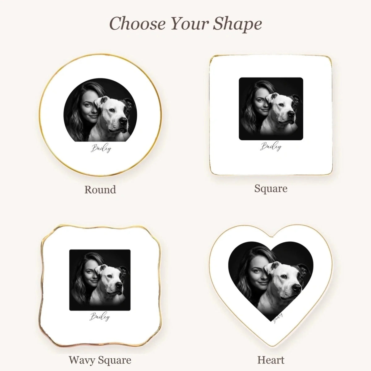 Black and white studio portrait ring dish available in round, square, wavy square and heart shapes
