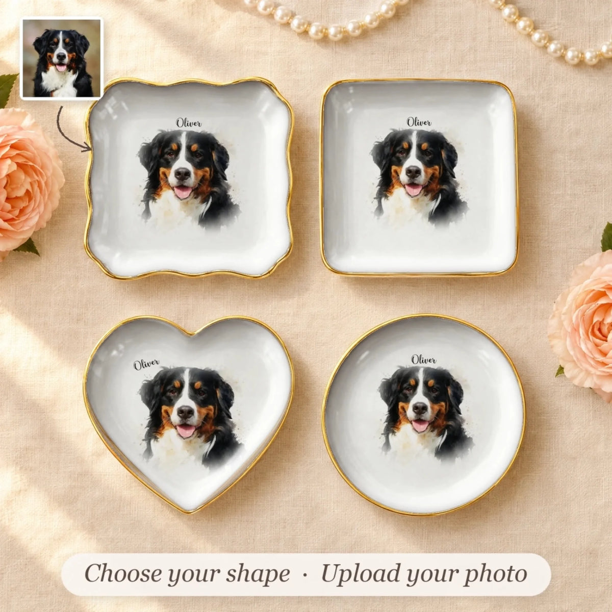 Personalized watercolor splash pet portrait ring dishes in round, square, wavy square and heart shapes