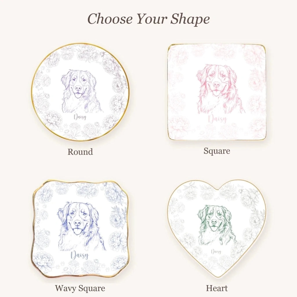 Floral pet sketch ring dish available in round, square, wavy square and heart shapes