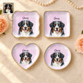 Personalized watercolor pet portrait ring dishes in round, square, wavy square and heart shapes with roses and pearls