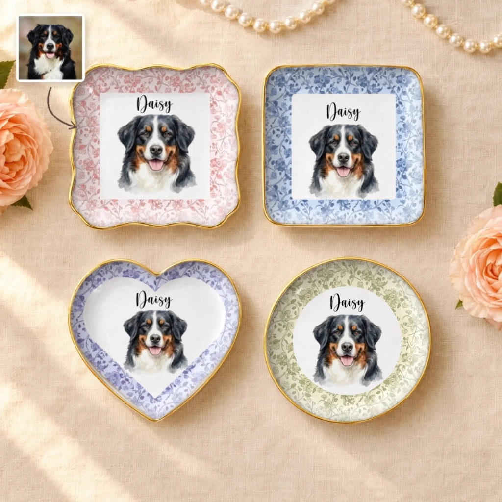 Personalized floral pet portrait ring dishes in round, square, wavy square and heart shapes with roses and pearls