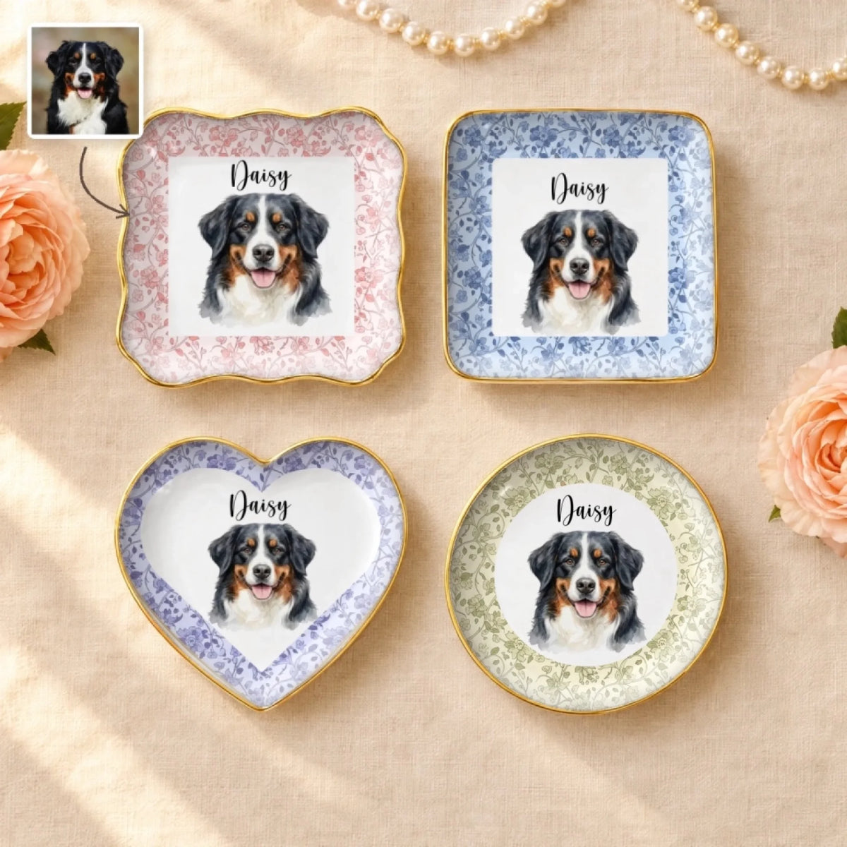 Personalized floral pet portrait ring dishes in round, square, wavy square and heart shapes with roses and pearls