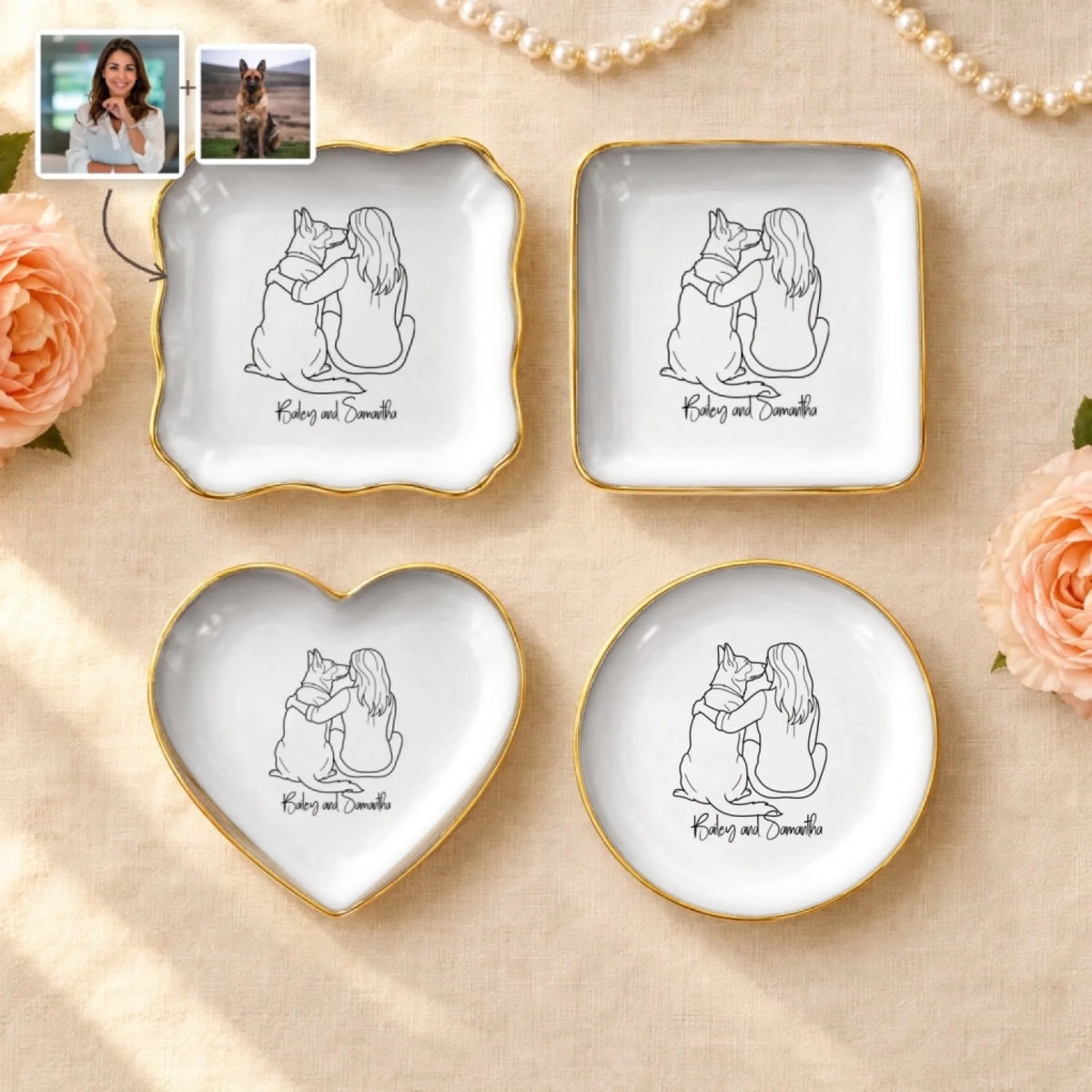 Personalized line drawing ring dishes of a person and their dog in round, square, wavy square and heart shapes