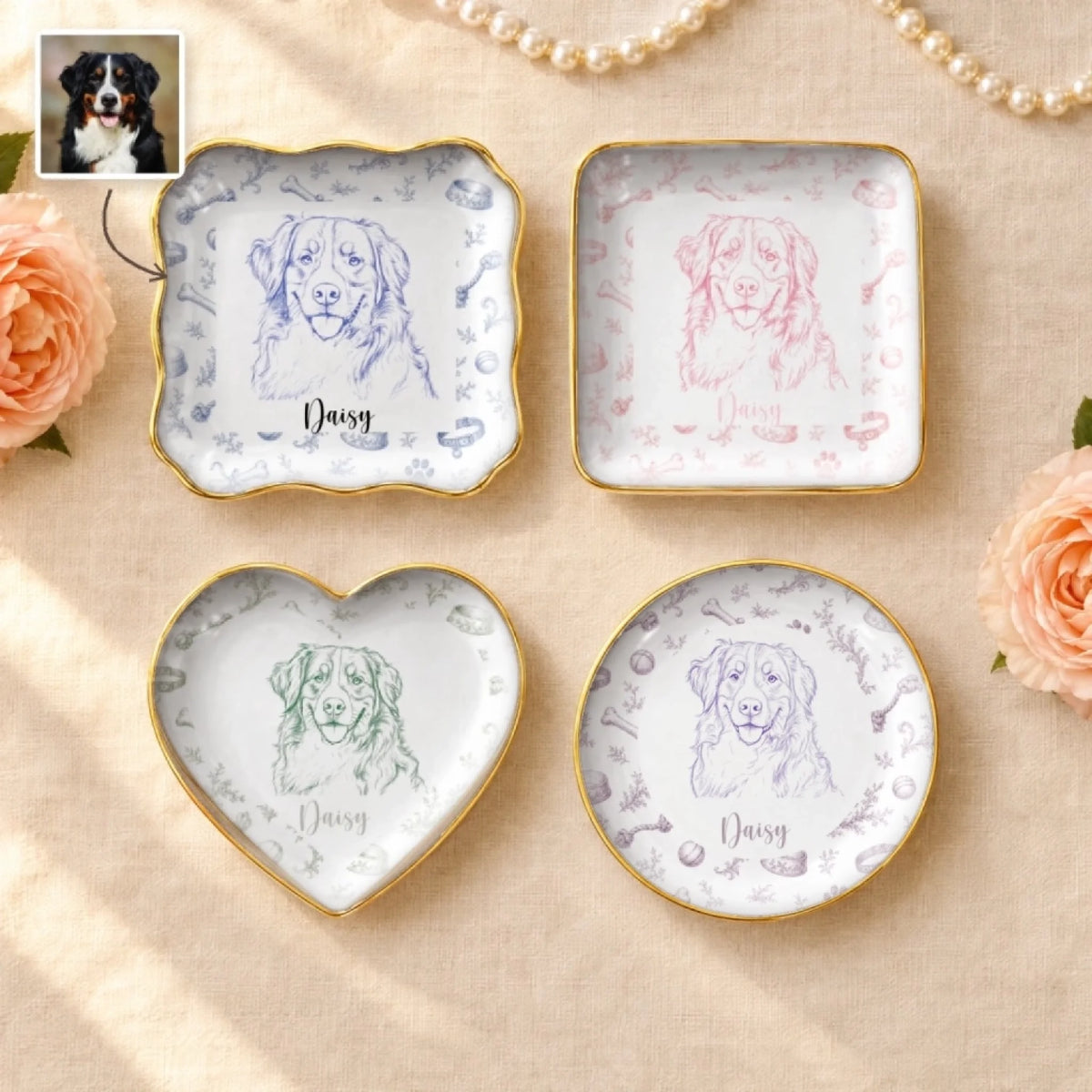 Personalized vintage sketch pet portrait ring dishes in round, square, wavy square and heart shapes
