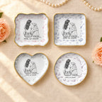 Personalized vintage sketch ring dishes of a person and their pet in round, square, wavy square and heart shapes