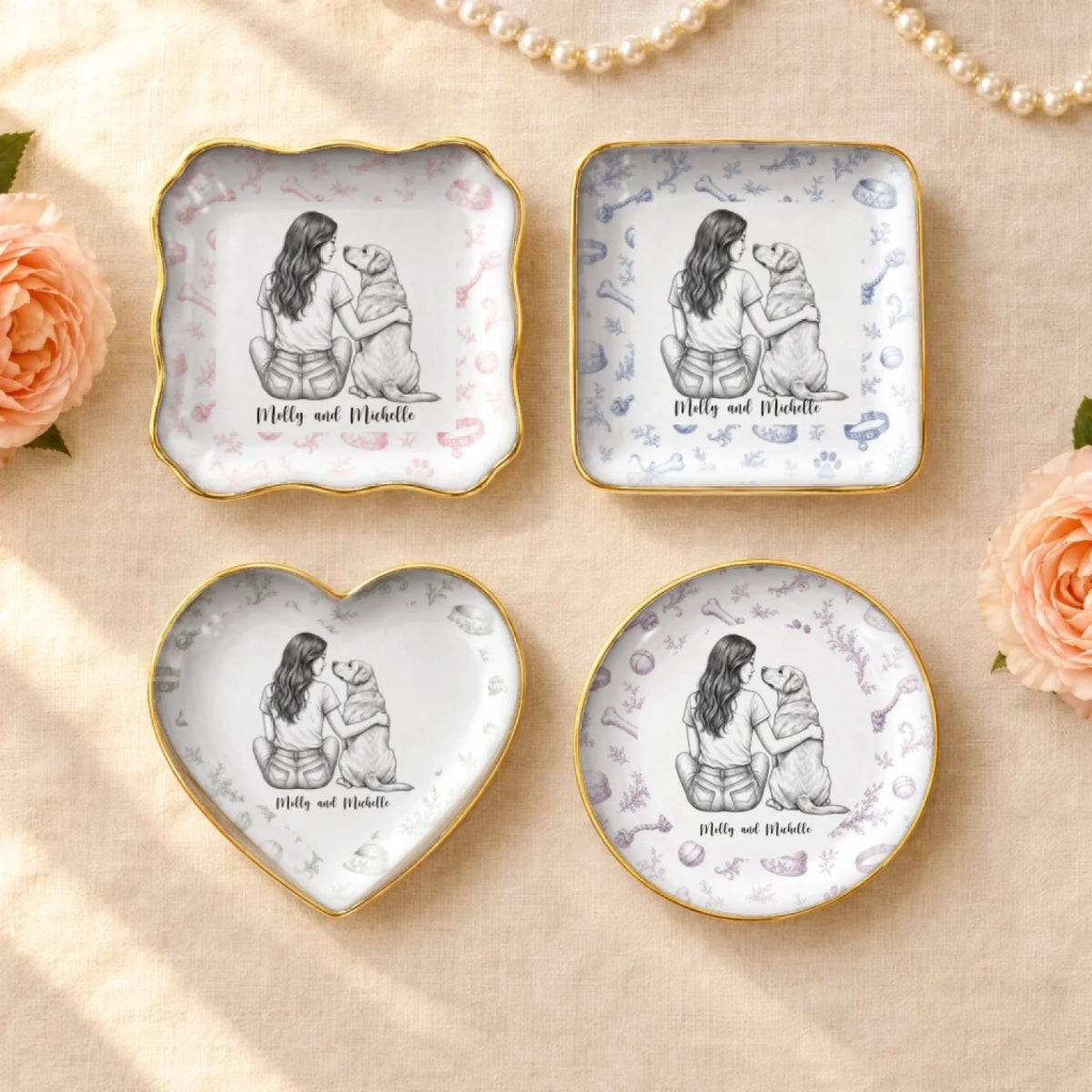 Personalized vintage sketch ring dishes of a person and their pet in round, square, wavy square and heart shapes