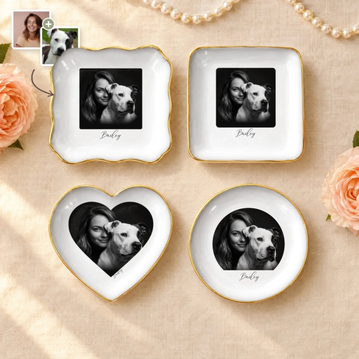 Personalized black and white studio portrait of you and your pet on ring dishes in four shapes