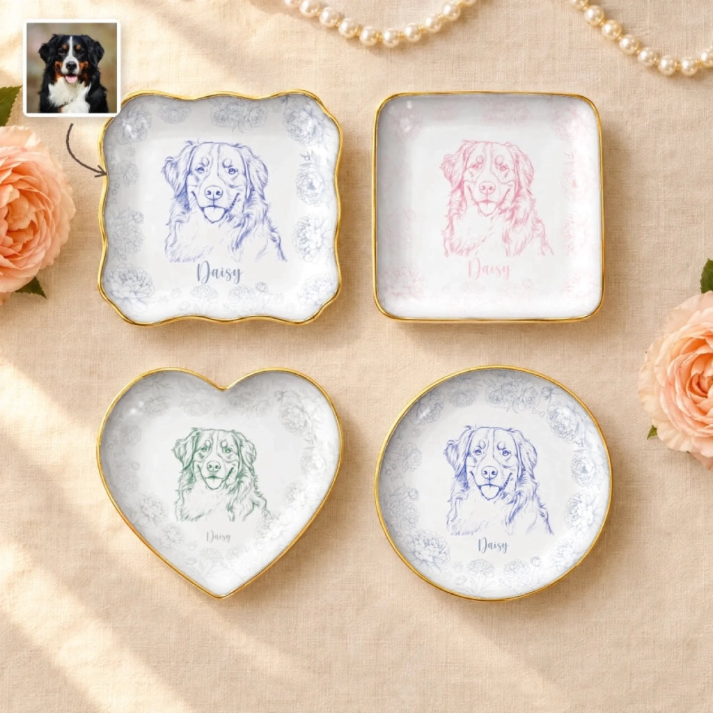 Personalized pet sketch ring dishes framed in peony flowers in four shapes