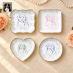 Personalized pet sketch ring dishes framed in peony flowers in four shapes