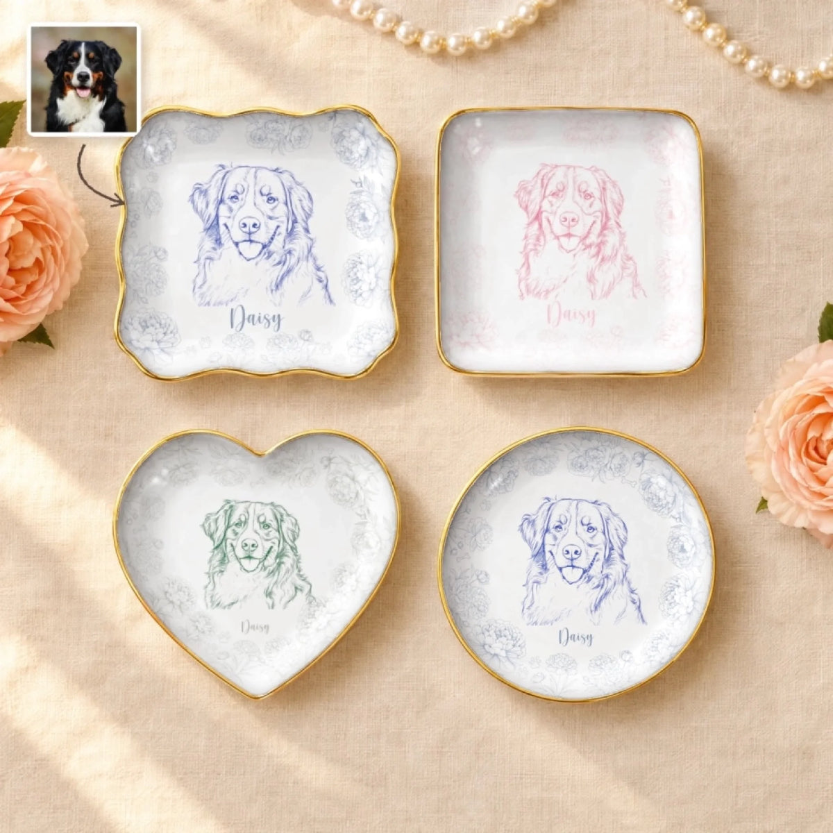 Personalized pet sketch ring dishes framed in peony flowers in four shapes